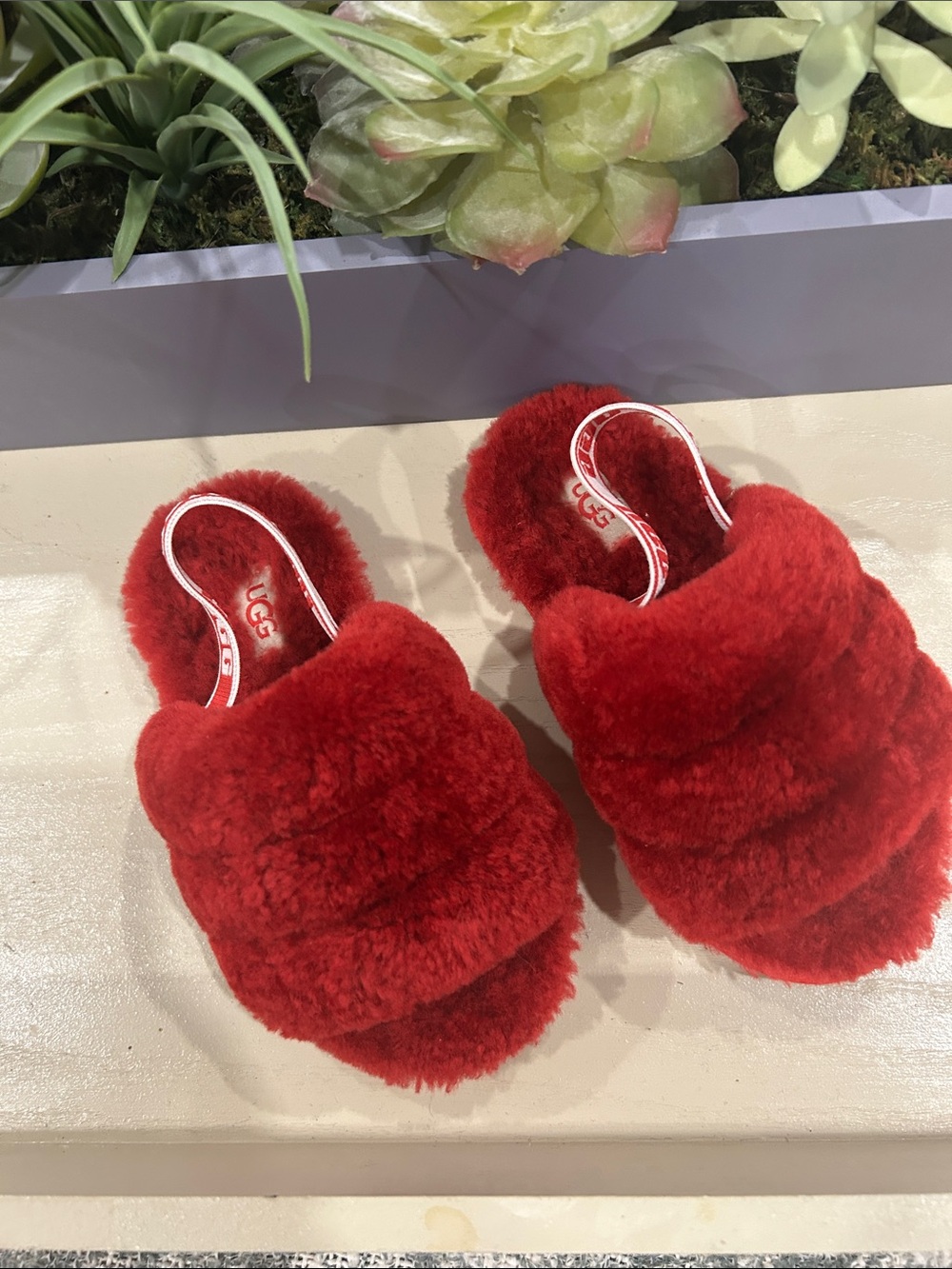 UGG Plush Slide Slippers in Red
